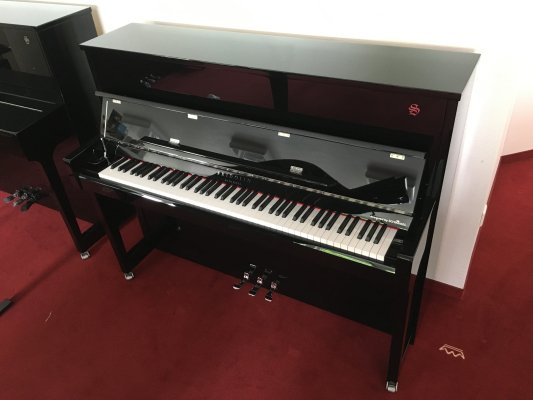 Preview: Angebot der Woche – neues Schimmel Klavier F 116 Tradition in schwarz poliert chrom